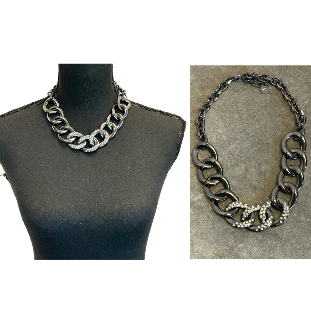 R.J. Graziano Gunmetal Silver tone Chrome chain link chunky necklace rhinestone - Picture 8 of 8